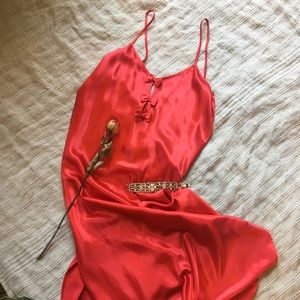 Red Satin Side Split Chemise Nightgown with Bows